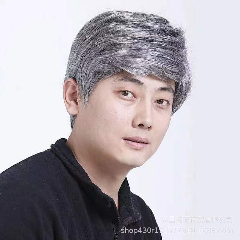 新款直销假发男士中老年花白短直发卷发爷爷老人仿真人短髮白发自
