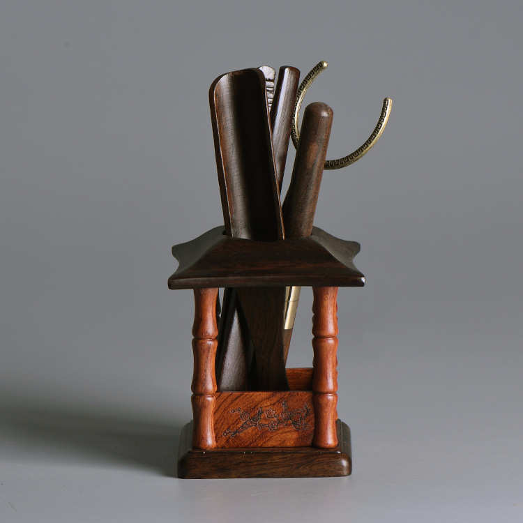 黑檀木茶道六君子套装 创意亭楼实木茶夹茶勺功夫茶具配件刻制