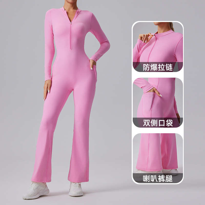 欧美口袋拉链长袖连体服舞蹈健身运动喇叭裤连体上衣紧身瑜伽服女