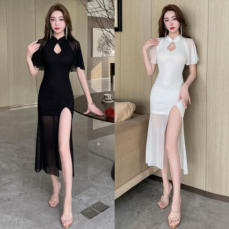 性感夜总会连衣裙女气质旗袍中长裙复古晚礼服沐足桑拿足浴技师服