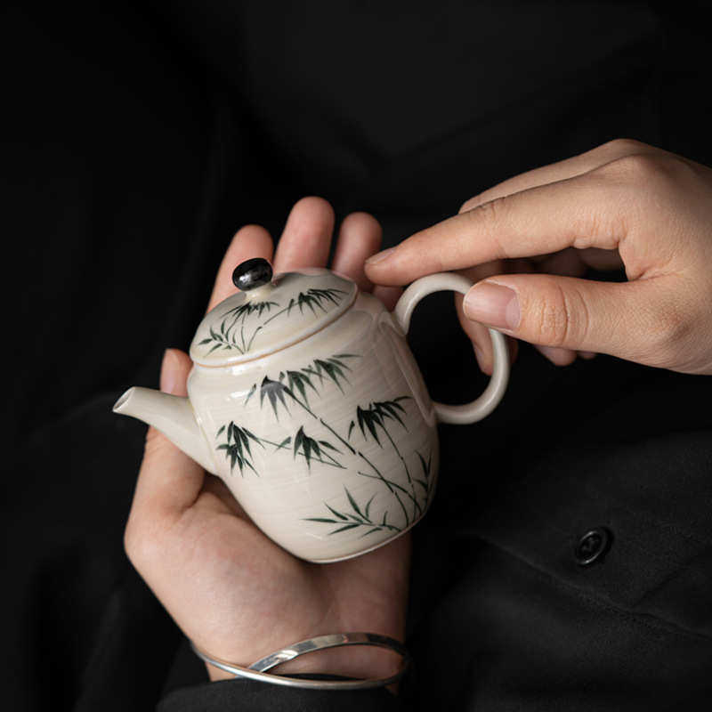 泡茶器壶壶茶壶功夫手绘文单复古纯陶瓷孔茶具家用墨竹亭小球过滤