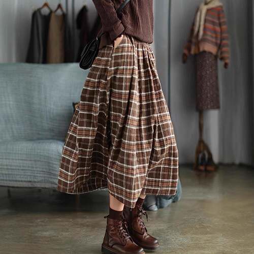 Womens Plaid Woven ALine Long Dressflared skirt Casual Loose
