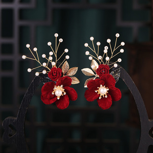 敬酒服头饰新娘红色头花发箍三件套新款简单大气结婚纱礼服发