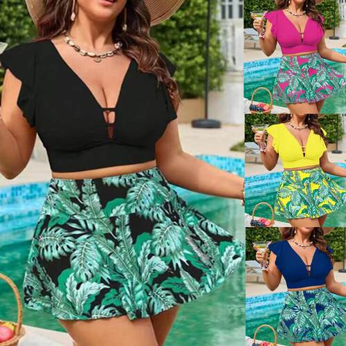 Plus Size 2 Piece Swimsuit For Women Pink Ruffle Crop Top
