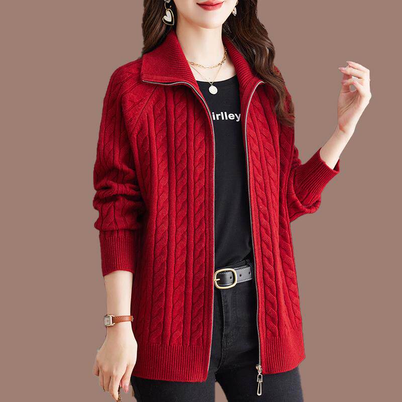 羊毛衫针织开衫女秋冬款加厚妈妈翻领洋派慵懒风毛衣拉炼外套大尺