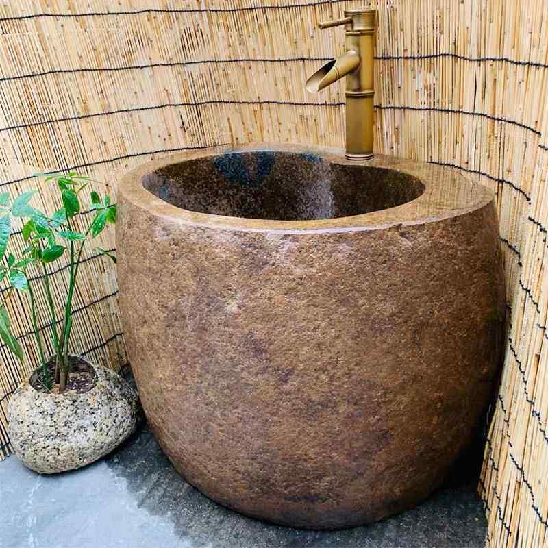天然鹅卵石头拖把池复古拖布桶庭院拖布盆户外溪石沥水墩布池水盆