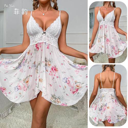 Mesh camisole skirt, printed nightgown, lace patchwork