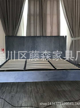 欧风蓝色床婚床简约主灰北软卧床床轻布床绒奢包双人床艺