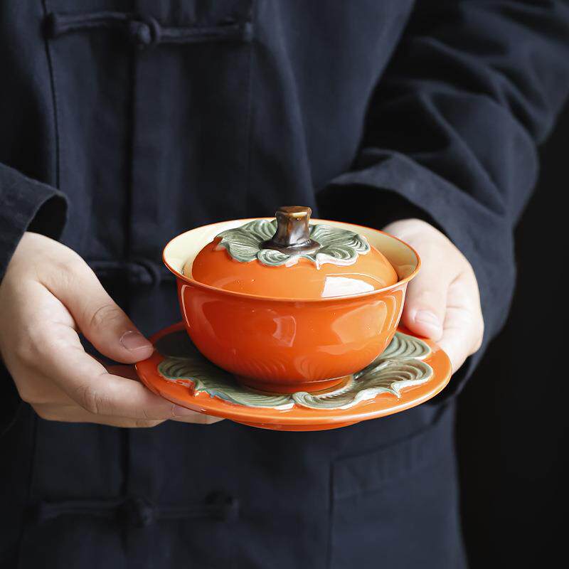 柿子创意高端茶器三才盖碗带盖泡茶杯单个冲泡茶碗陶瓷茶具大号