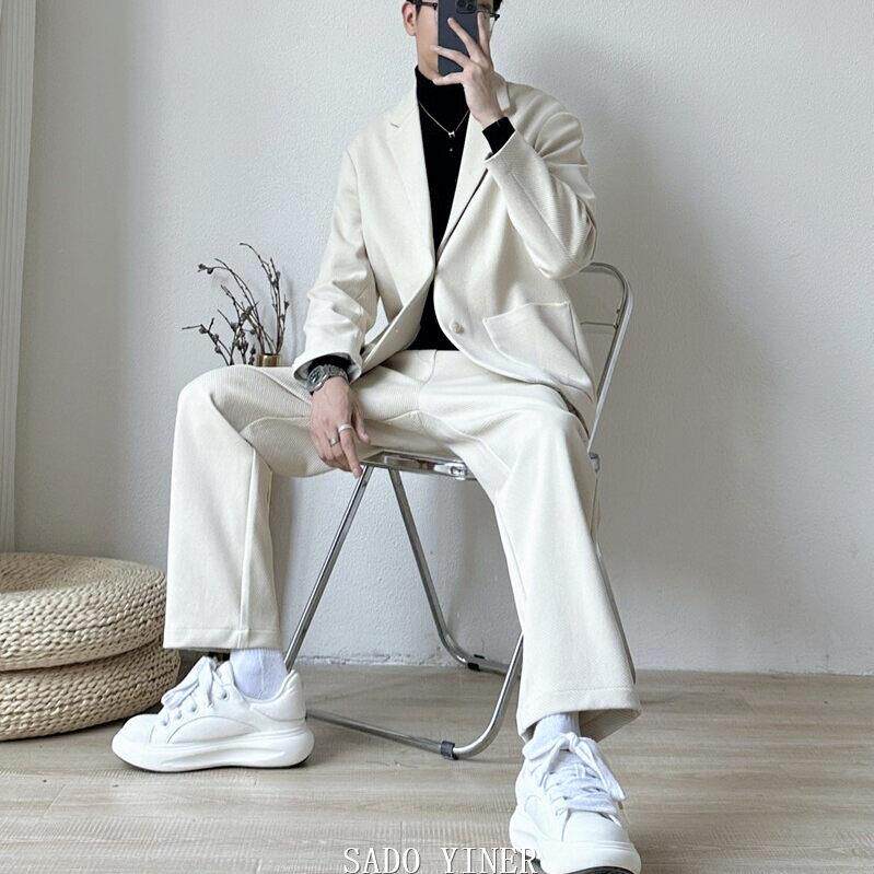 SADO YINER春秋男装高级感宽松男士西装时尚套装系带西服外套两件