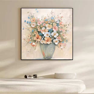 纯手绘油画花卉餐厅装饰画高级正方形饭厅卧室挂画奶油风玄关壁画