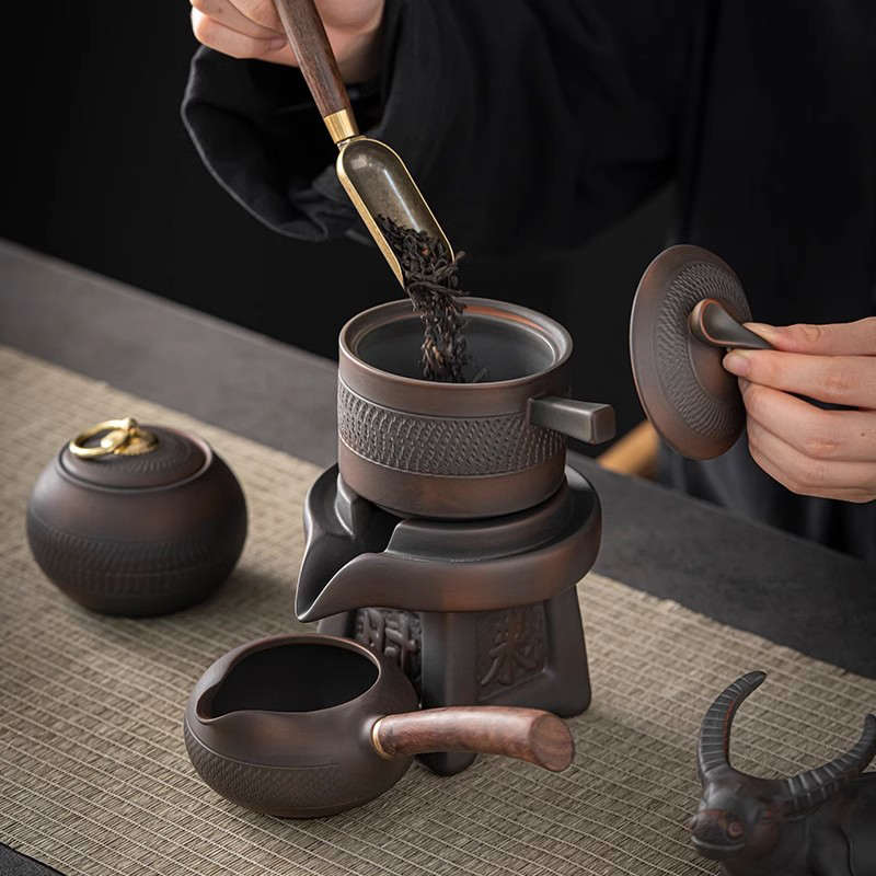 紫陶茶具套装家用简约复古功夫全自动石磨懒人防烫中式泡茶器礼品