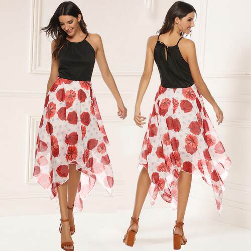 Women's suspender top patchwork printed skirt dress
