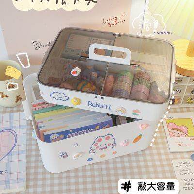 多功能手提收纳箱双层大容量桌面文具化妆品收纳盒家用防尘医药箱