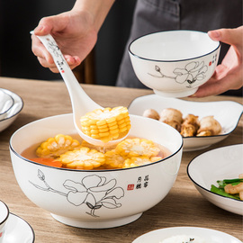 海棠花新骨瓷餐具家用组合黑线陶瓷饭碗汤碗家庭碗盘勺筷乔迁套装