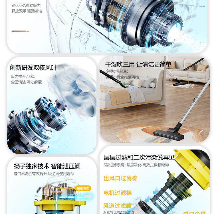 扬子吸尘器大吸力家用强力功率洗车用装修美缝专用商用吸尘机工业