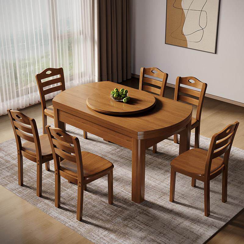 全实木变圆餐桌现代简约家用小户型可伸缩10人长方形折叠吃饭桌子