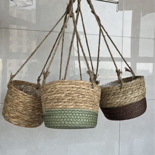 跨境草编悬挂花盆垂吊编织挂式绿