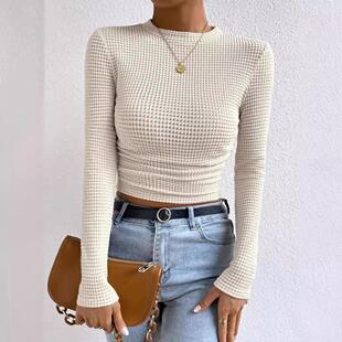 Solid Color Slim Fit Pleated Long Sleeve T-shirt Women