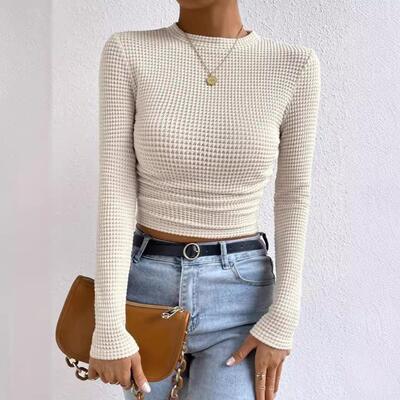 Solid Color Slim Fit Pleated Long Sleeve T-shirt Women