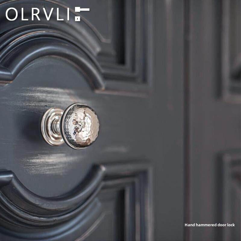 OLRVLI法式复古镍银色黄铜门锁锤纹金色静音球形锁双开门把手