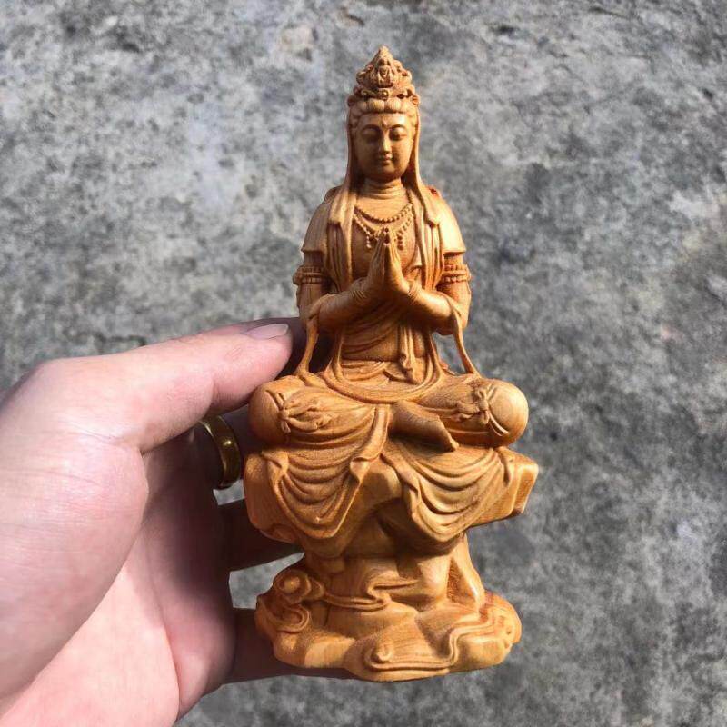 崖柏木雕合十观音佛像 手工雕刻家居供奉摆件 新中式风格