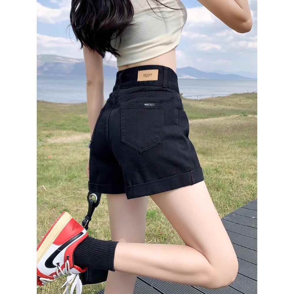 梨形身材黑色牛仔短裤女夏大码胖mm高腰弹力遮胯显瘦a字阔腿热裤
