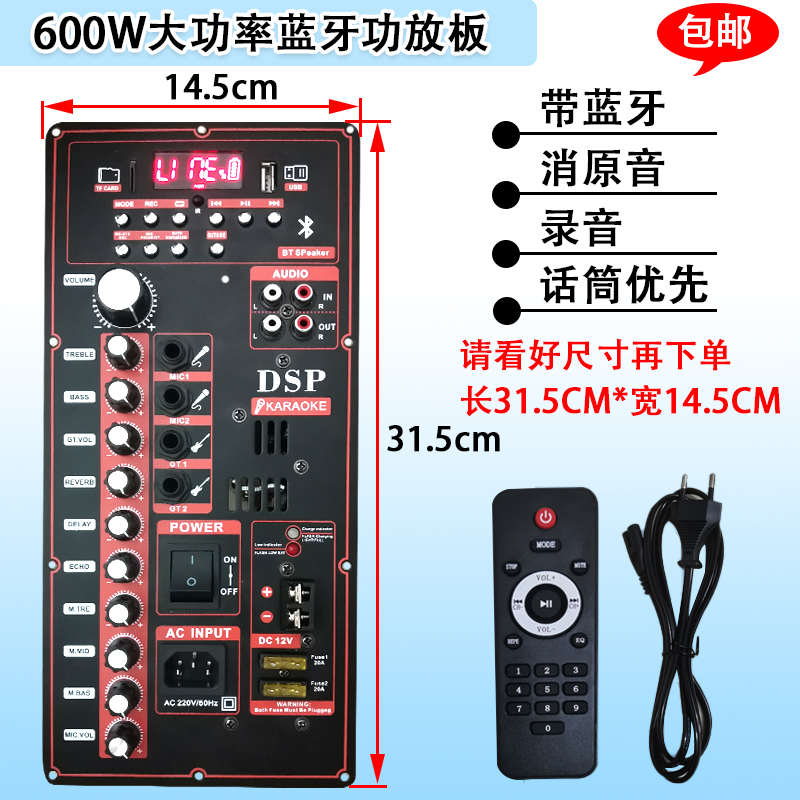 600瓦大功率DSP蓝牙功放板带消原音户外拉杆音响改装主板220V充电