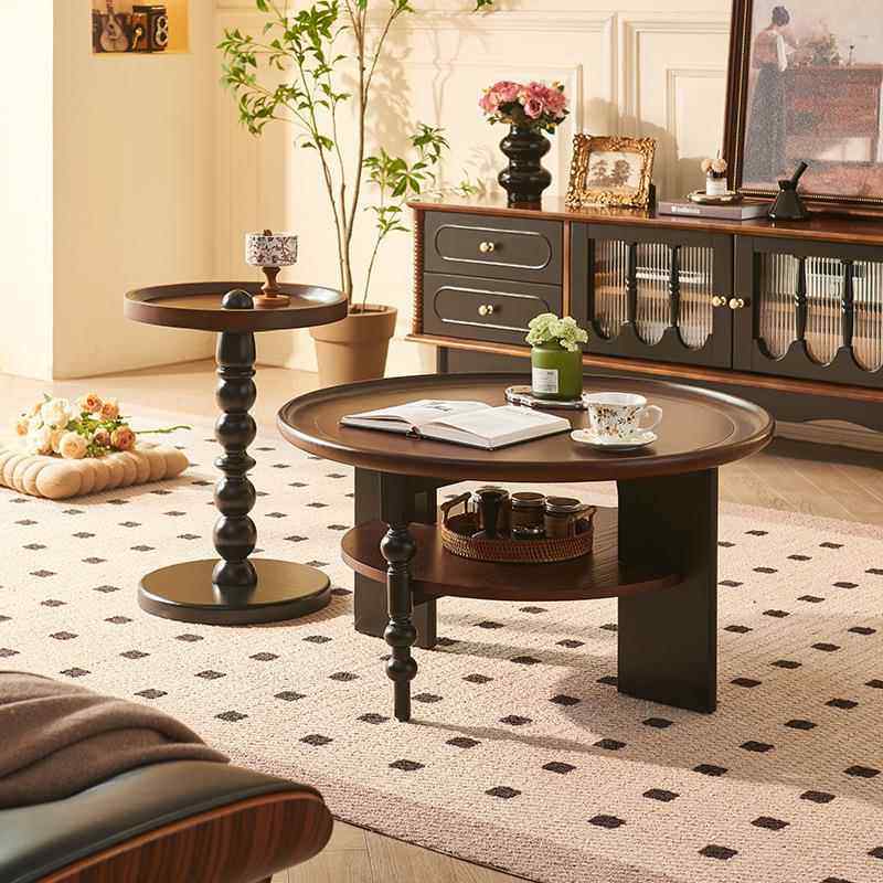 法式复古实木圆几中古客厅家用双层茶几边几组合设计师款小茶桌子