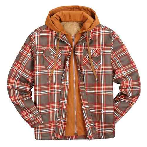 Men's plaid jacket, long sleeved hooded jacket with cotton