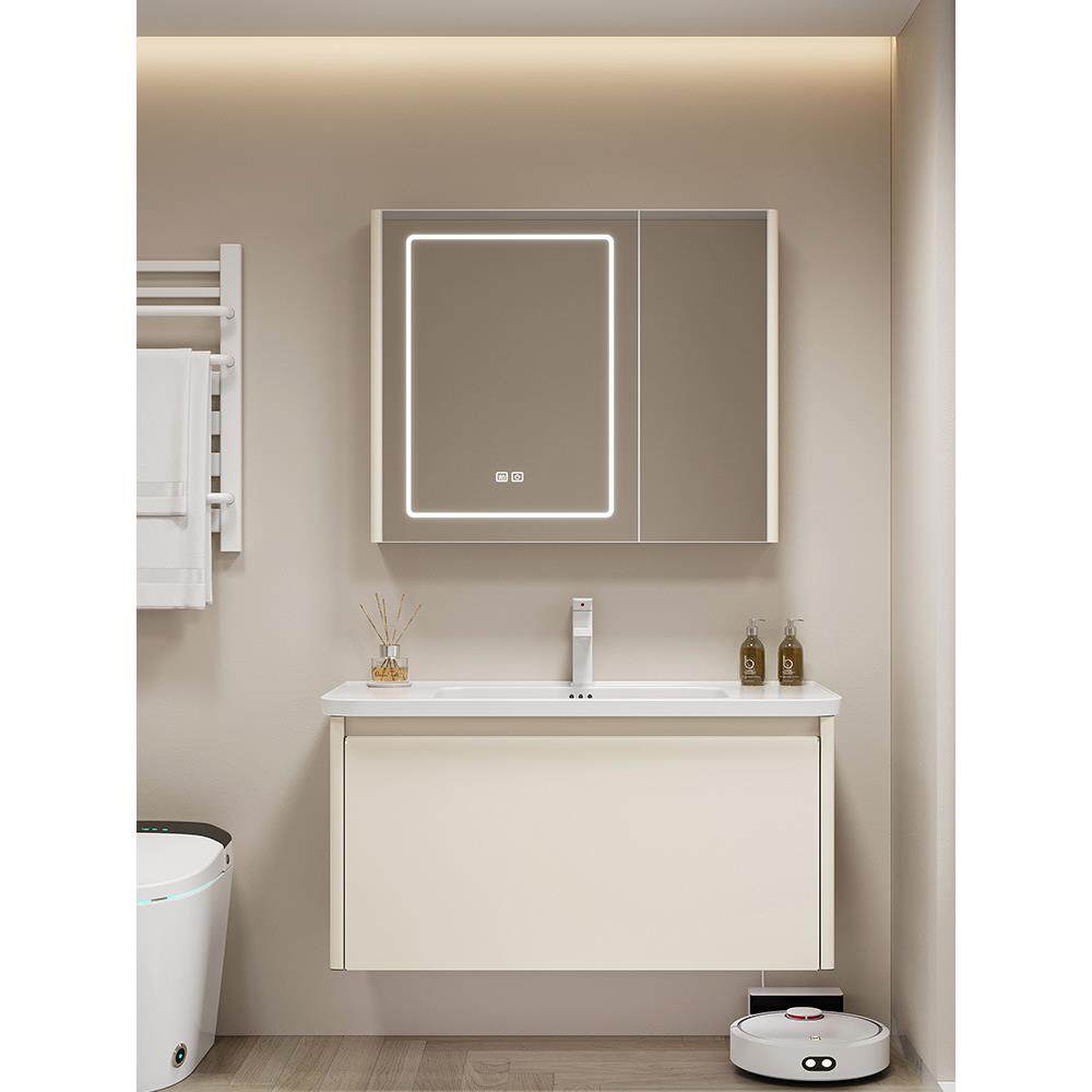 奶油风不锈钢浴室柜组合陶瓷一体盆卫生间圆角洗漱台盆洗脸洗手池