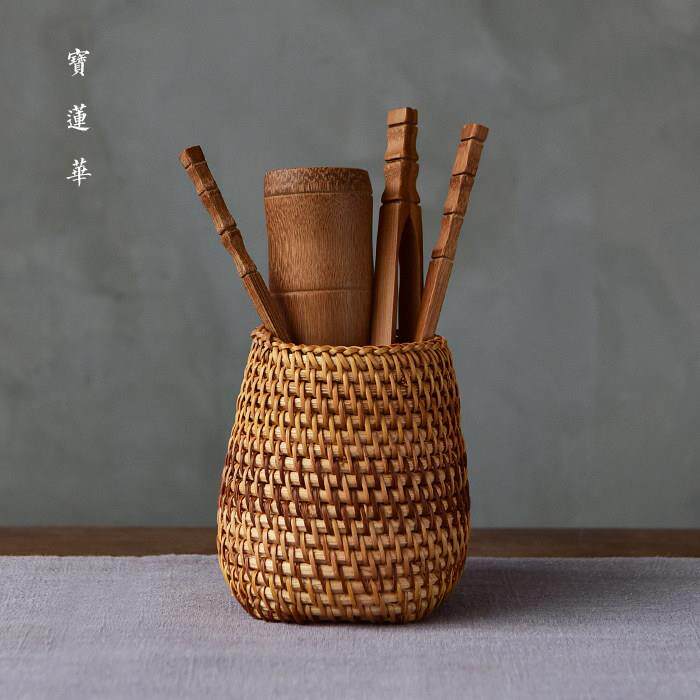 老秋藤制藤编茶筒茶具篓盒 老藤笔筒 越南藤制六君子收纳筒藤盒