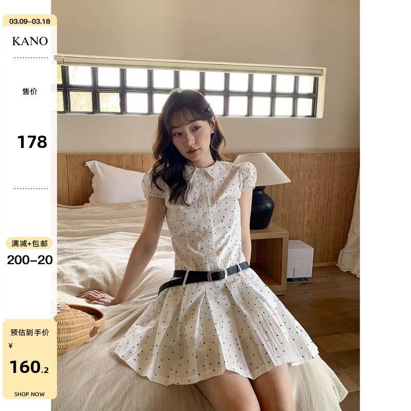 你好卡农 泡泡袖收腰工字褶连衣裙女夏季2025新款翻领气质a字短裙