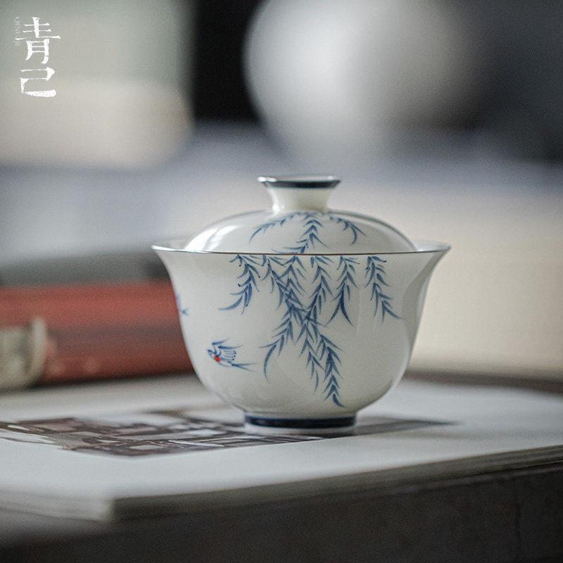 青己玉瓷盖碗青花手绘釉下彩白瓷茶具泡茶碗文人器燕归来福灵茶碗
