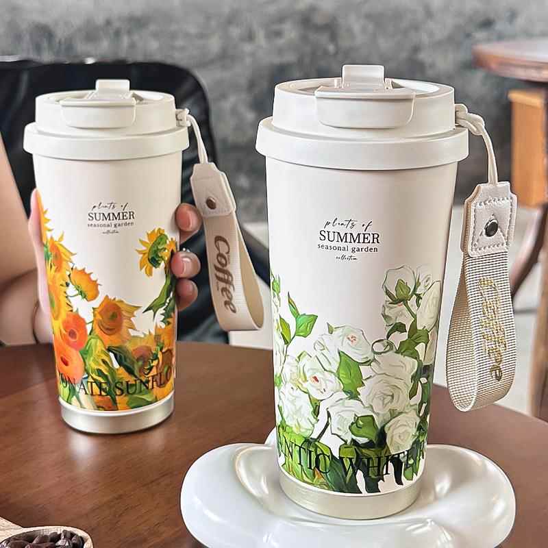 夏日花园白玫瑰保温杯双饮咖啡杯不锈钢吸管杯女生礼物实用保温杯