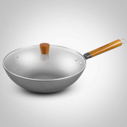 正品雅多单福 铸铁炒态锅32m柄加厚生铁平底锅原生木柄c不粘锅无
