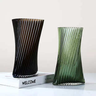 扭曲彩色竖条纹玻璃花瓶北欧现代简约家居样板房酒店花器饰品摆件