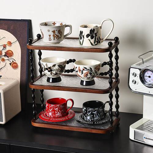 法式中古风桌面实木咖啡杯子收纳层架高级感轻奢家用台面双层置物