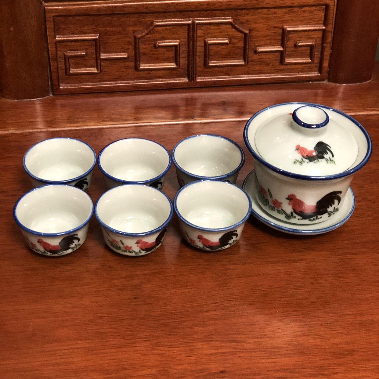 复古风格瓷器青花瓷功夫茶具套装陶瓷鸡公茶碗茶杯公鸡家用泡茶壶