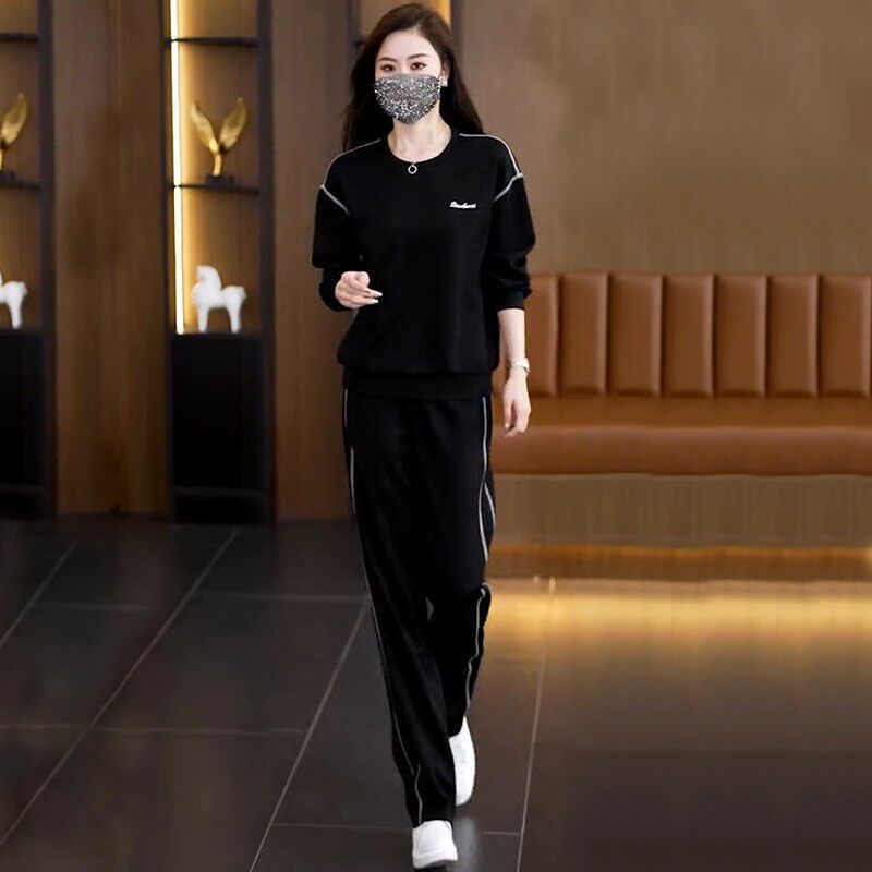 休闲运动服套装女2025秋季新款时尚宽松大码圆领卫衣阔腿裤两件套