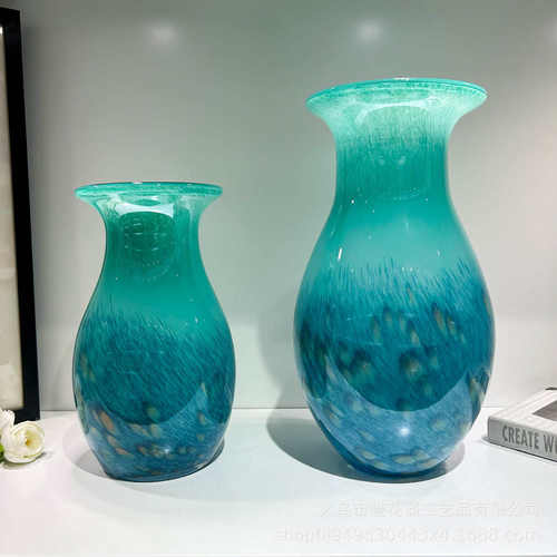 新中式渐变孔雀翎手工大口径琉璃花瓶电视柜博古架高级样板间摆件