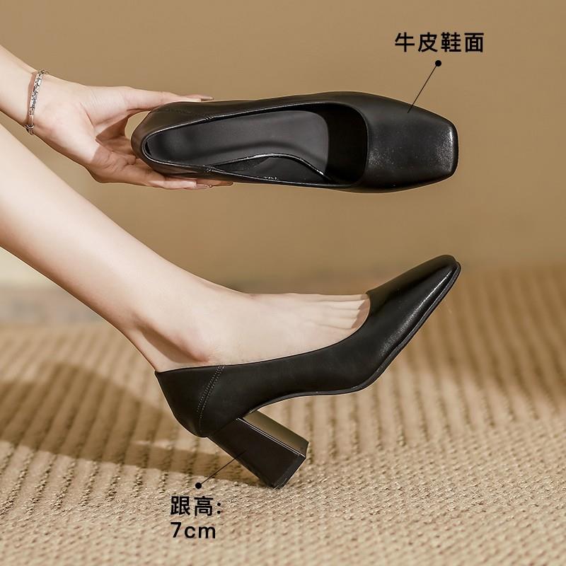 黑色中跟粗跟高跟鞋女2025春夏新款一脚蹬通勤鞋百搭方头浅口单鞋