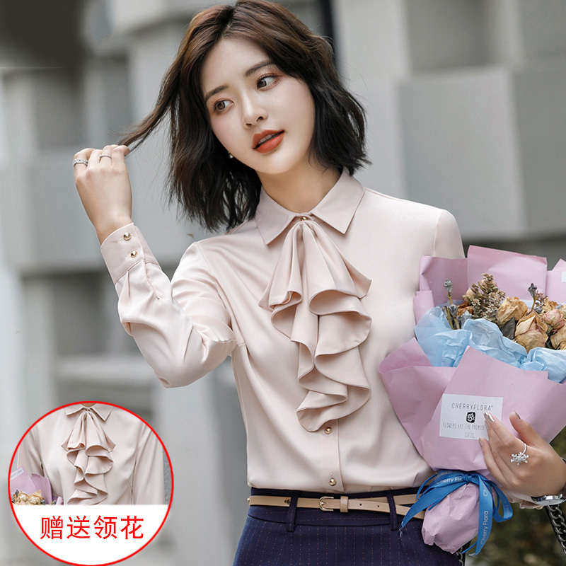 白衬衫雪纺女垂感长袖时尚洋气2025新款春季气质荷叶边职业装衬衣,女装/女士精品,衬衫,淘宝优惠券,粉丝福利购,淘宝优惠卷