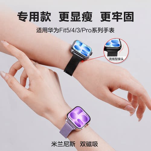适用华为fit5表带watch fit4米兰尼斯金属腕带fit3划扣双磁吸FIT5pro运动专用款流线型接头更牢固表链