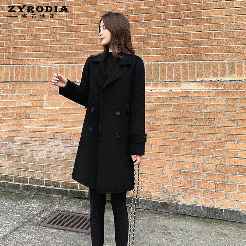 ZYRODIA冬季新爆款百搭黑色双面羊绒大衣女韩显瘦中长款羊毛外套