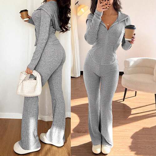 Women's Fleece Lined Hooded Sweatshirt Set  Ribbed Casual
