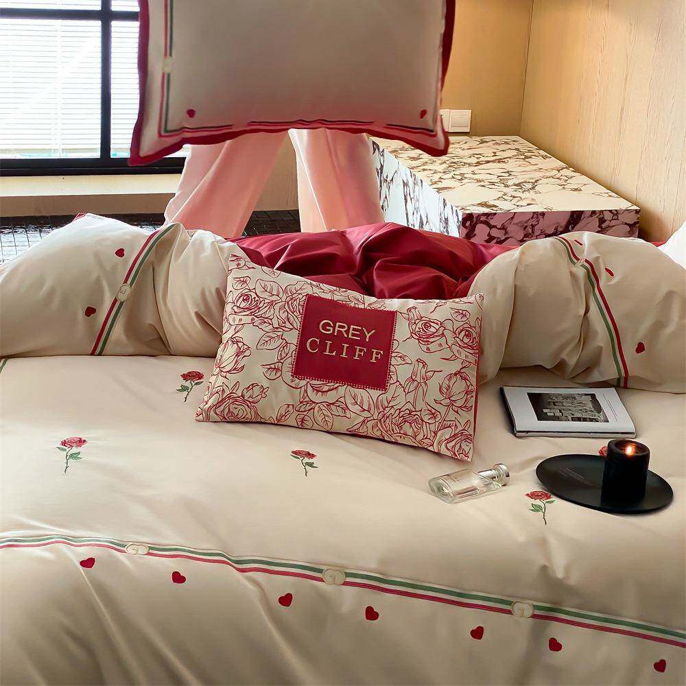 玫瑰绣花轻奢风家用100支长绒棉浪漫床笠款四季系列床品套件
