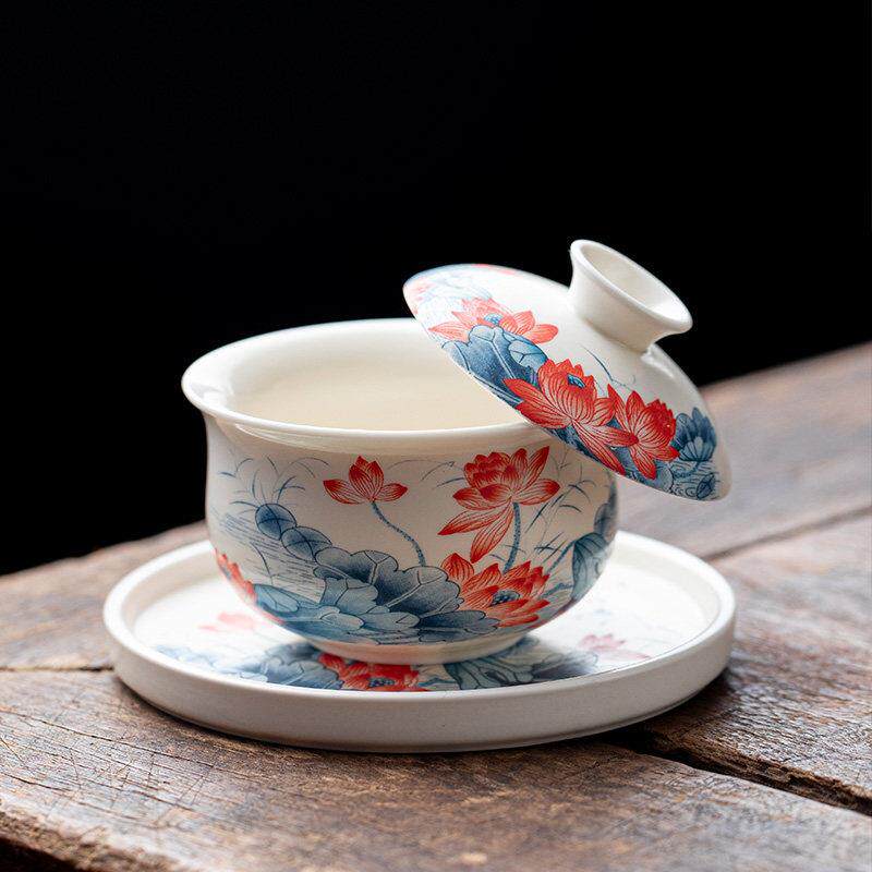 国潮出水芙蓉布袋三才盖碗可悬停旋转单个高档泡茶碗茶杯功夫茶具