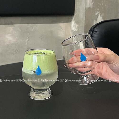 韩式小众ins风蓝色水滴矮脚大肚杯耐热高硼硅玻璃杯冰美式咖啡杯