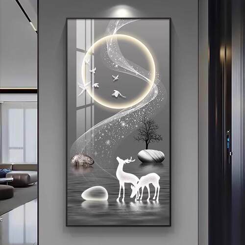 招XQ-002九图入户玄款关装饰画鱼客厅走廊过道挂画新大气麋鹿竖版